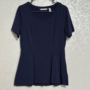 Isaac Mizrahi LIVE! Solid Navy Blue Short‎ Sleeve Seamed Peplum Knit Top S